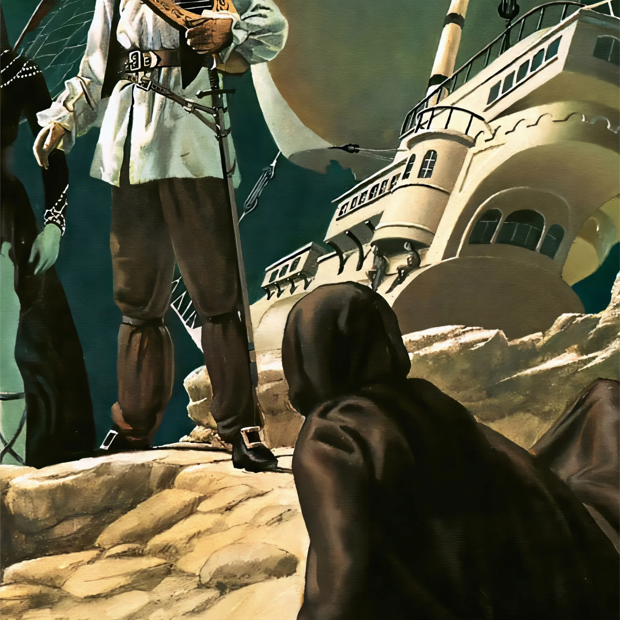 Pirate confronting figures by ship at dock