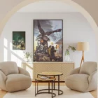 Fantasy artwork with warrior and eagle in modern living room.