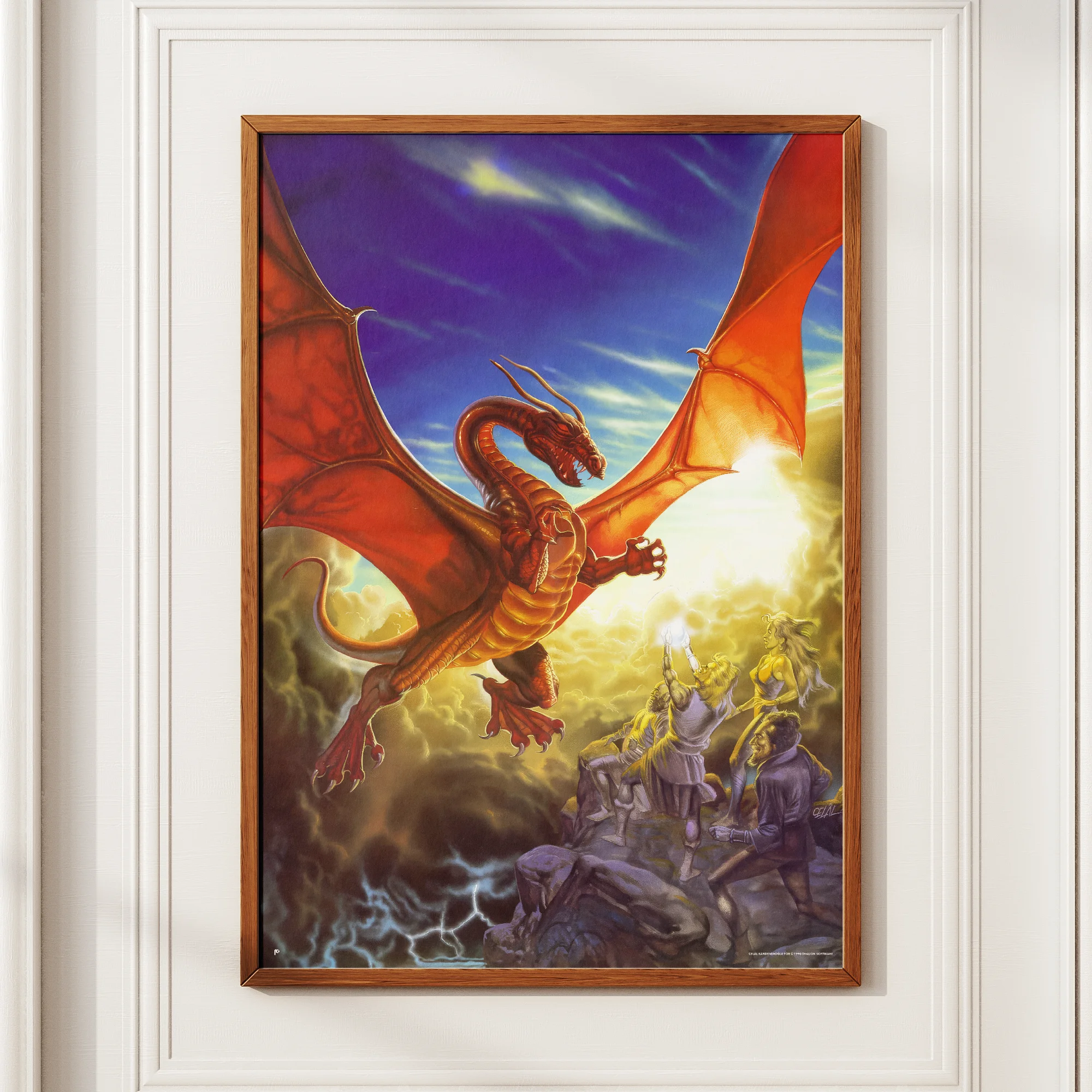 Red dragon flying over knights in fantasy artwork