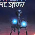 Retro robot with blue lights and text design.