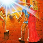 Fantasy knight and lady in dungeon illuminated by light beam