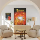 Modern living room with fantasy-themed wall art.