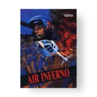 Helicopter pilot over burning cityscape, game cover art