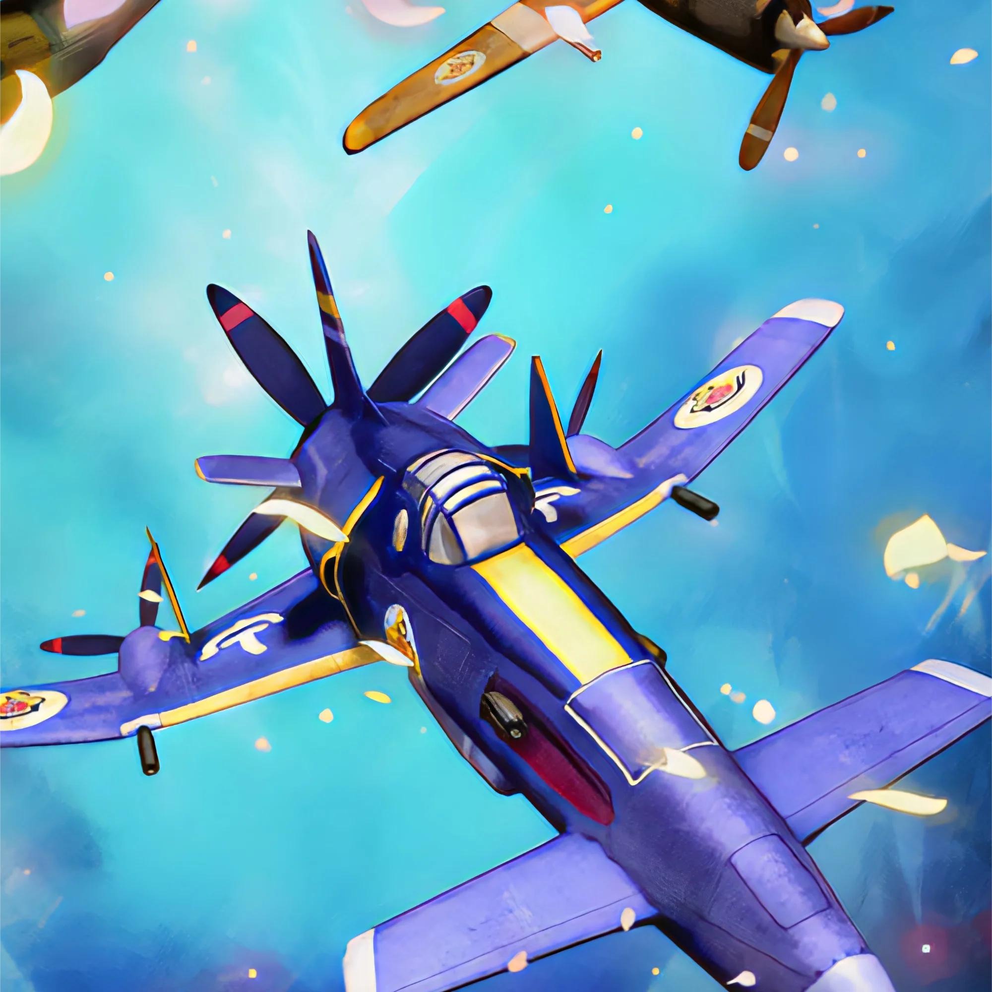 Animated blue fighter planes in dynamic sky battle.