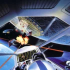 Spaceship cockpit view of futuristic space battle