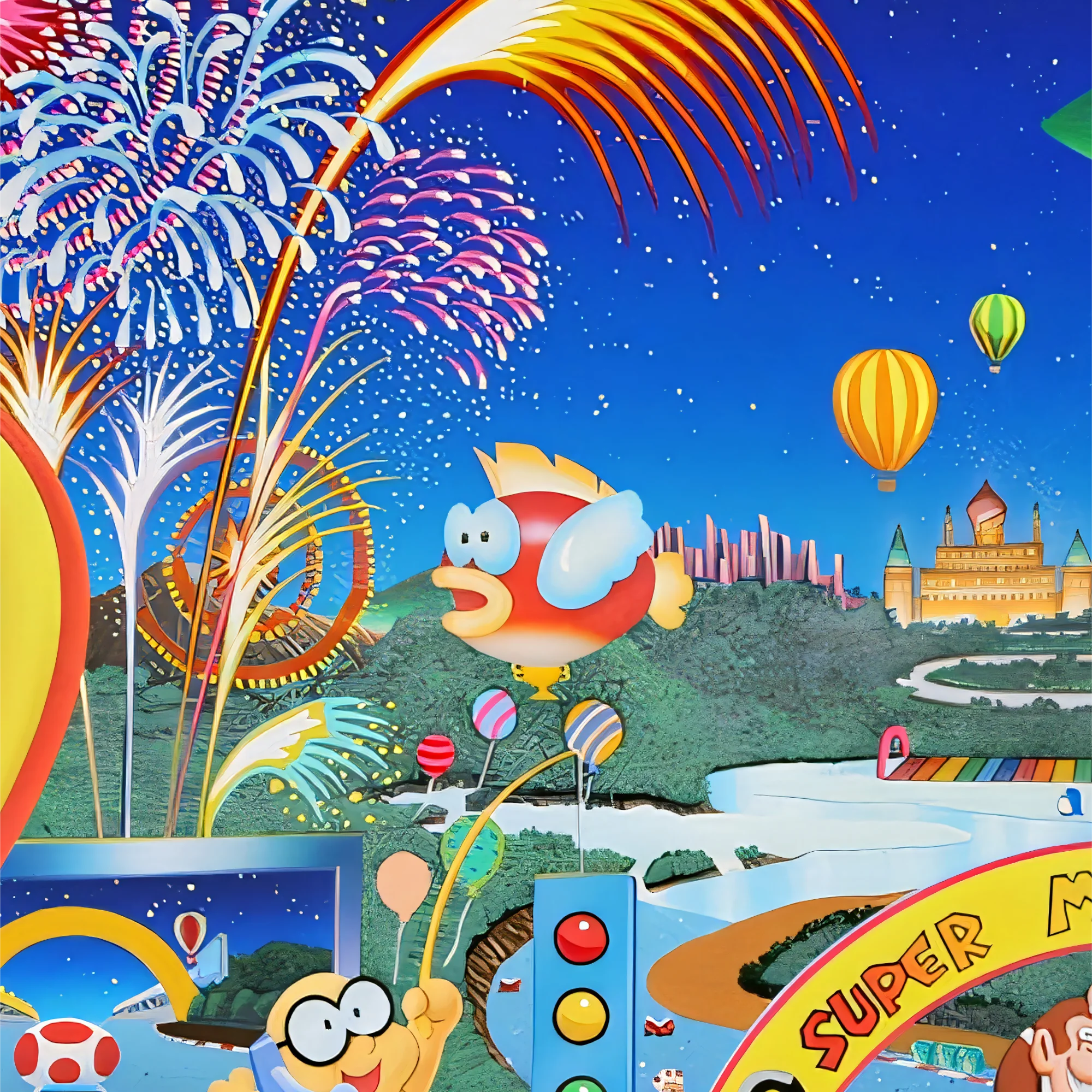 Colourful cartoon video game world with fireworks and characters