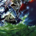 Cyborg dinosaur battle in cosmic green mist
