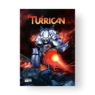 Turrican game cover with robotic character shooting