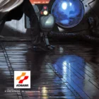 Futuristic interior with Konami logo and blue sphere.