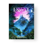 Unreal game cover, fantastical landscape with futuristic city.